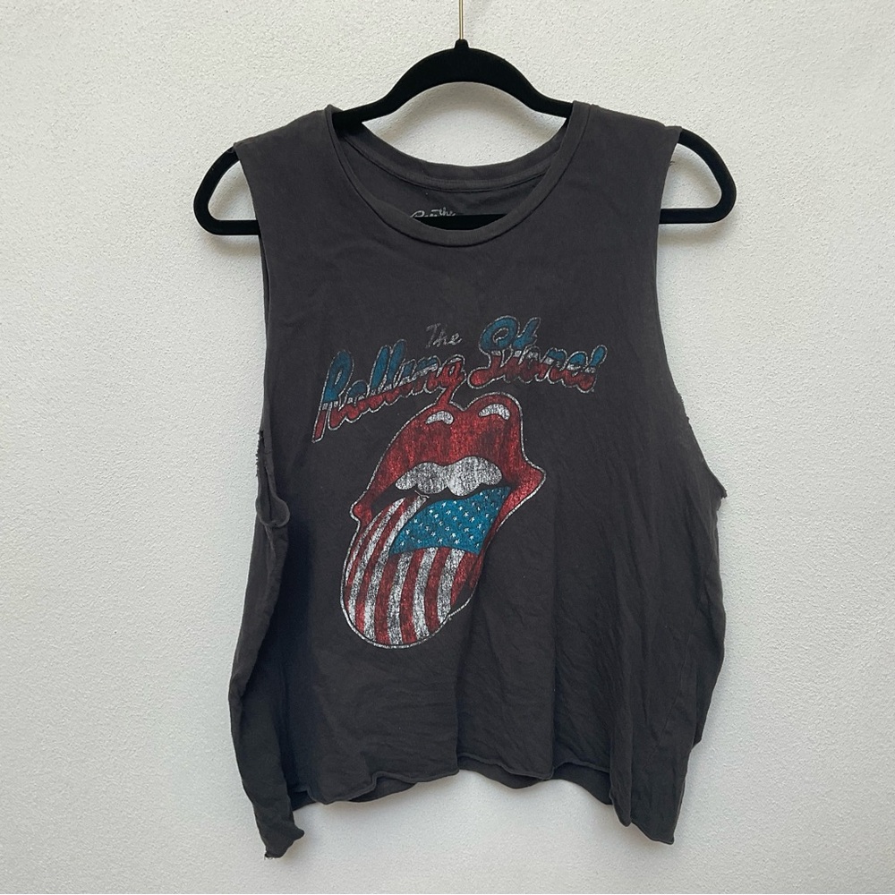 The Rolling Stones Dark Grey American Flag Band Logo Cutoff Tank Top Size XL